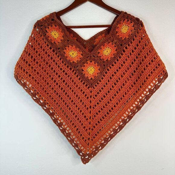 Handmade Sweaters - Handmade Retro Floral Crochet Knit Poncho Shrug Sweater Groovy Bold Boho 70’s